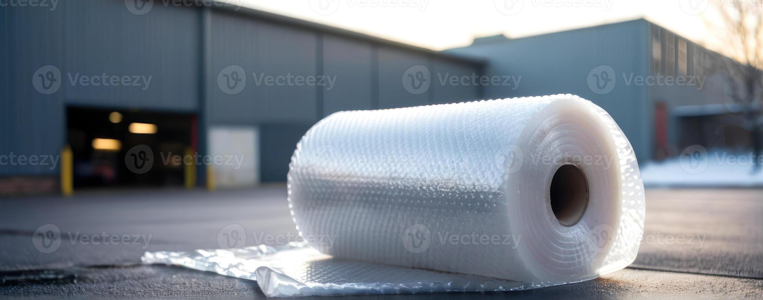 A roll of bubble wrap in front of an industrial building photo