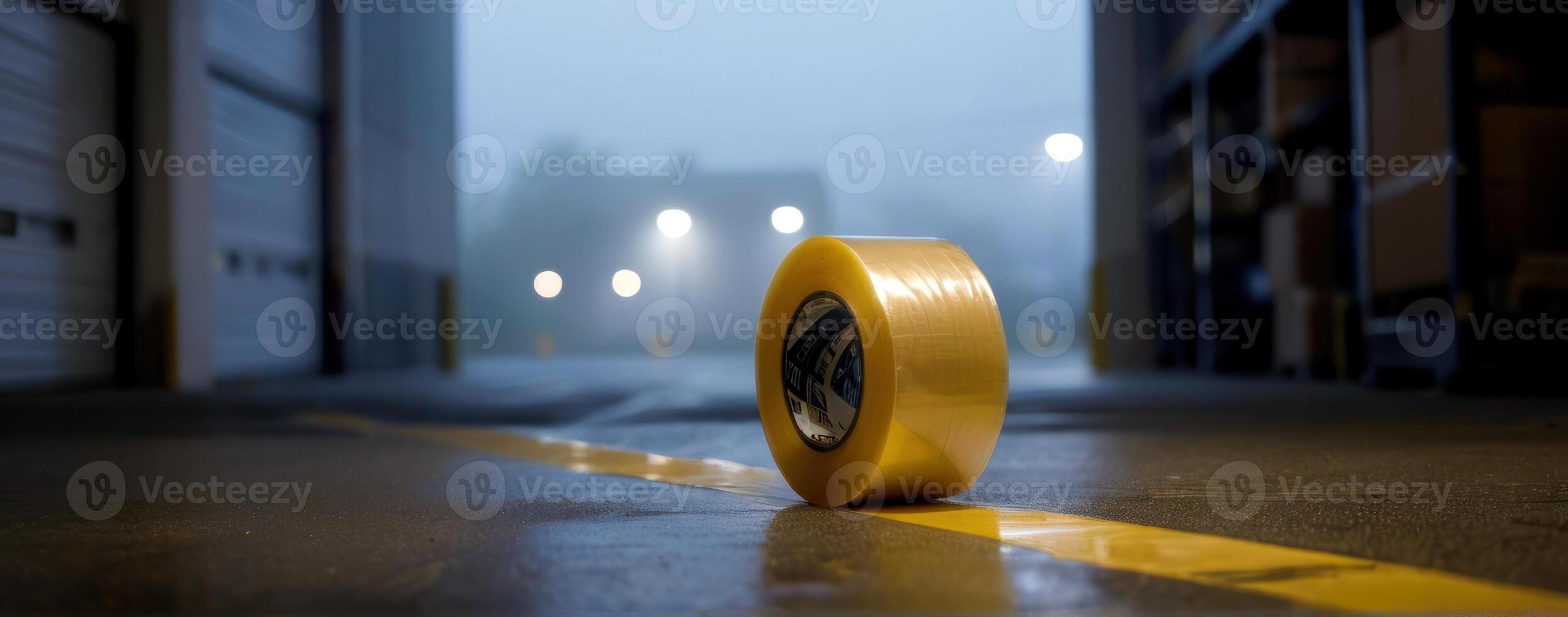 A roll of yellow tape sits on the floor of an industrial warehouse photo