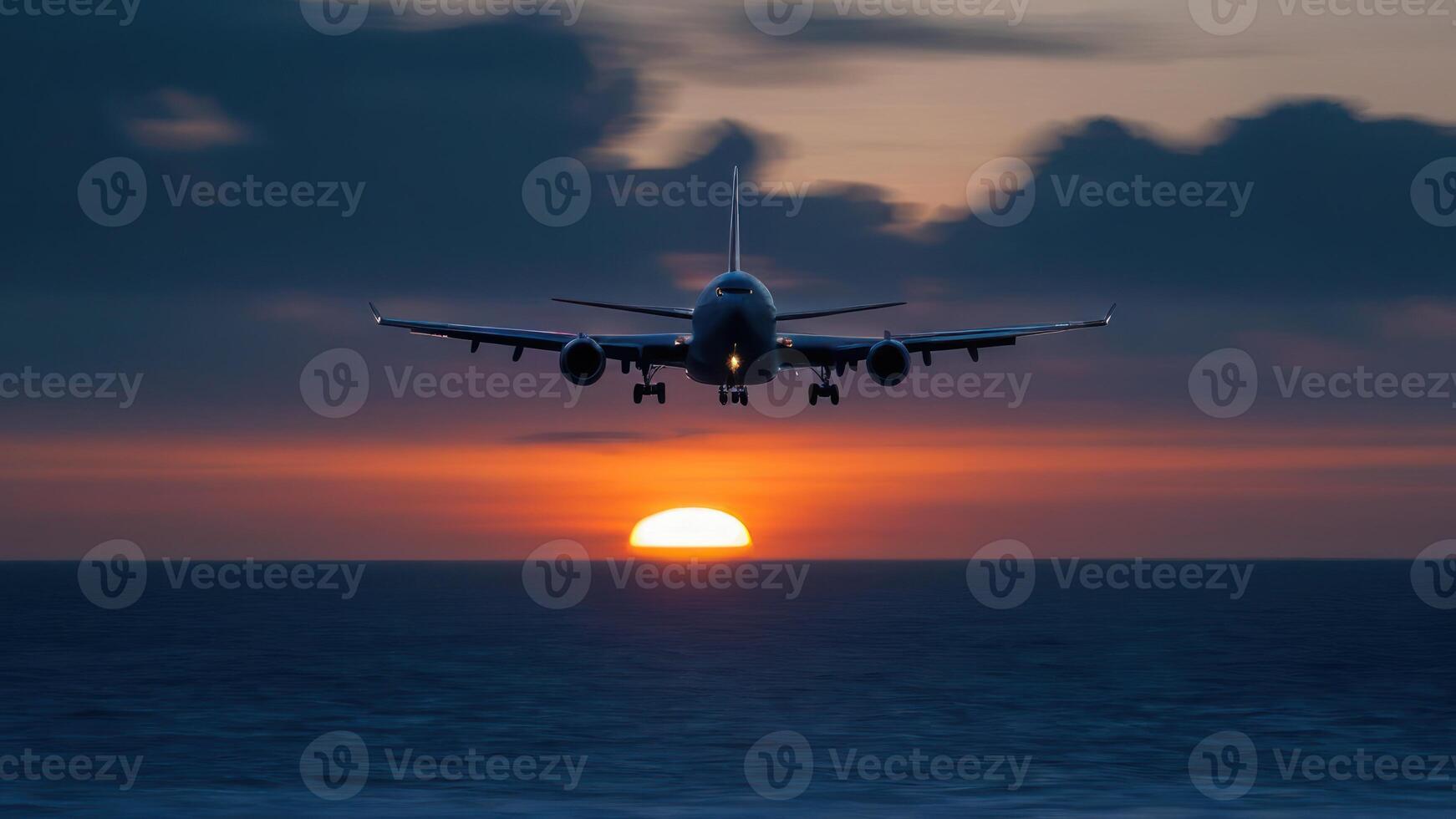 A plane flying over the ocean at sunset photo