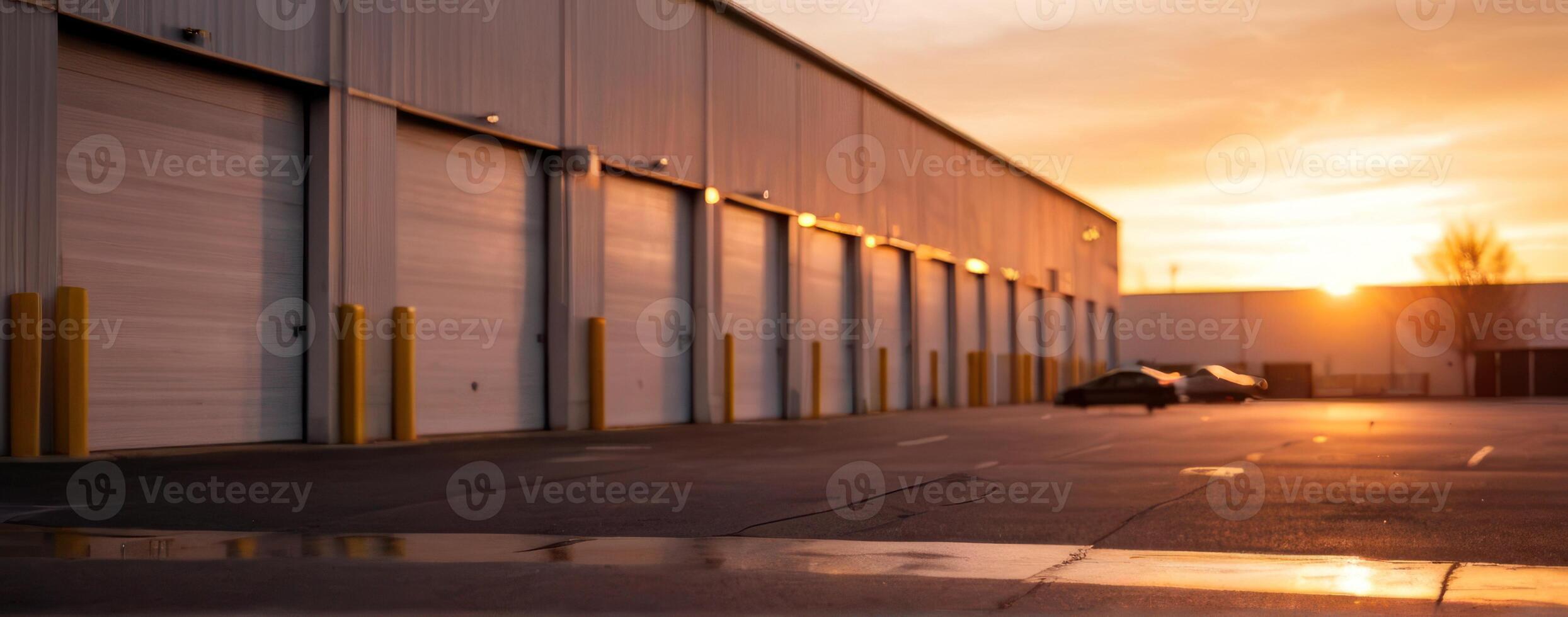 The sun is setting behind a row of garage doors photo