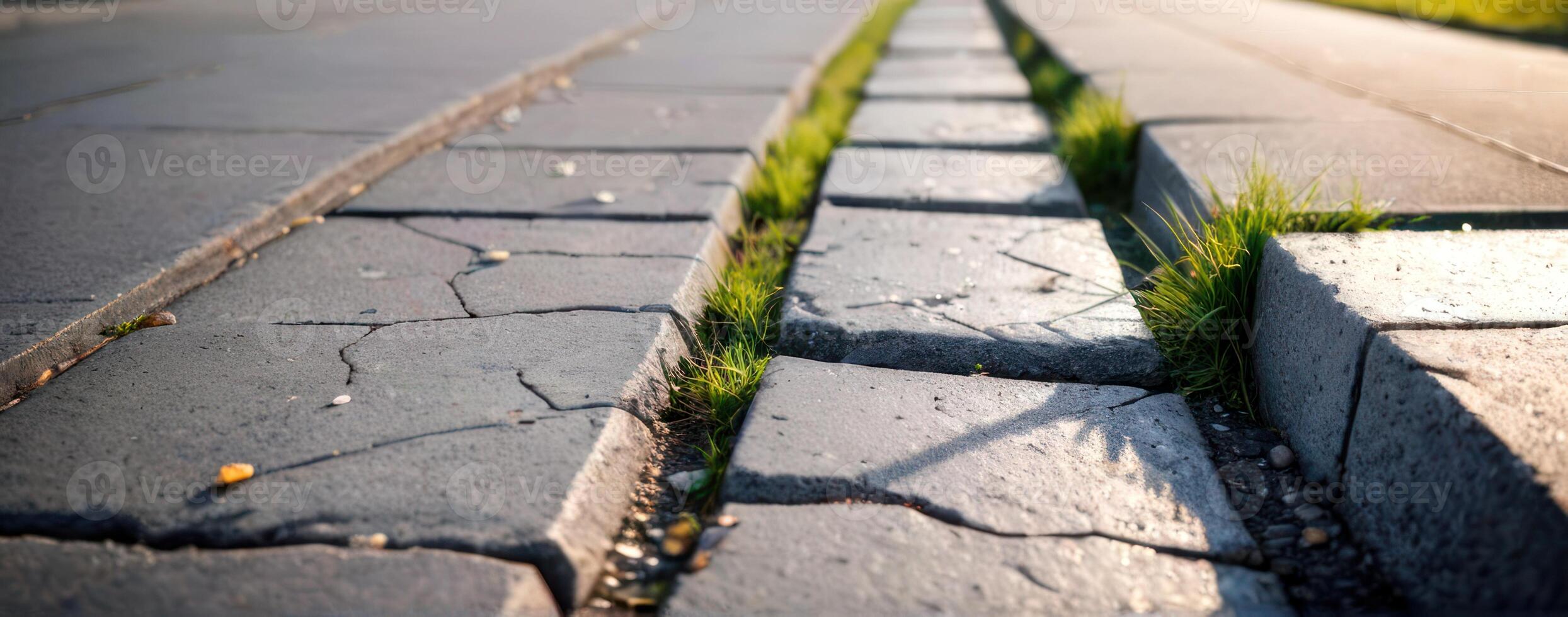A sidewalk with cracks and grass growing on it photo