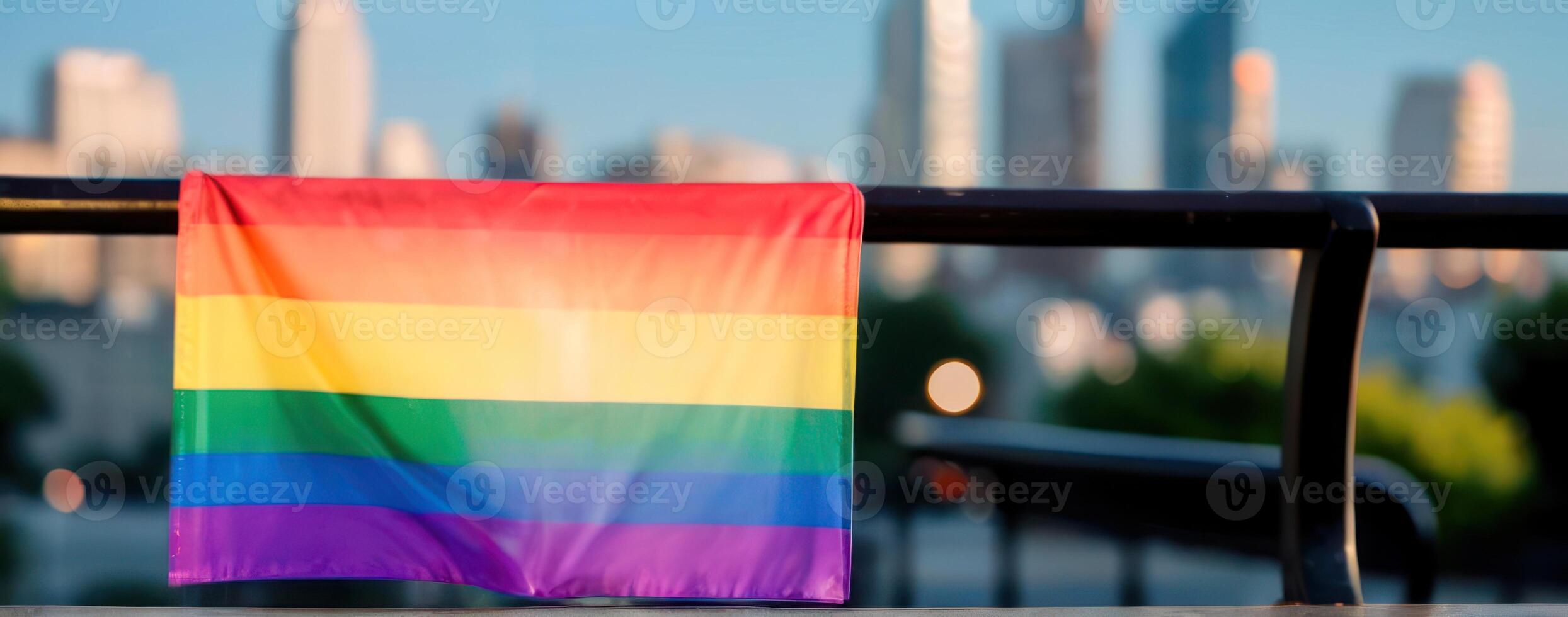 Lgbt pride flag on a railing with city skyline in the background photo