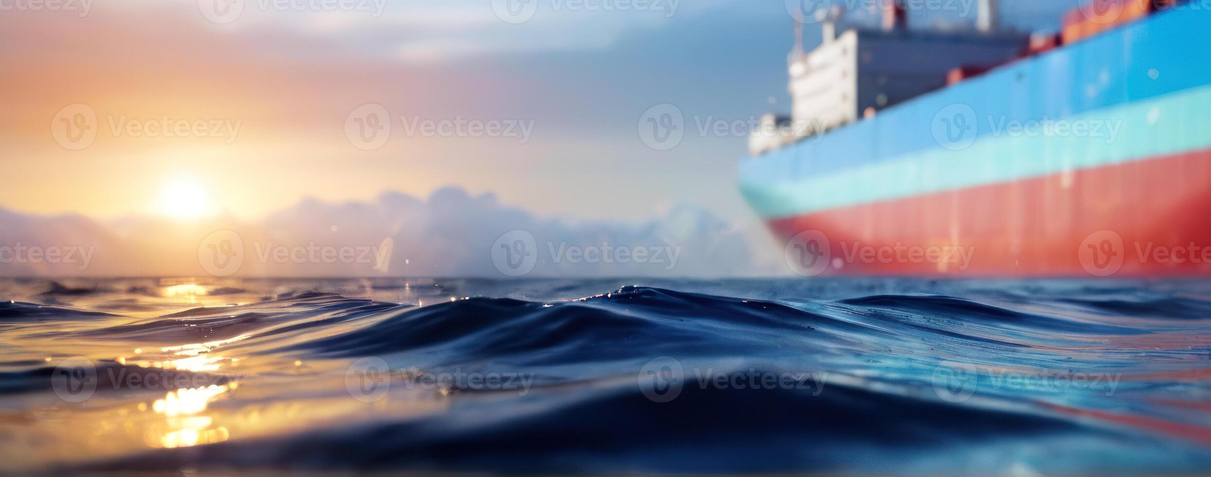 A large container ship in the ocean at sunset photo