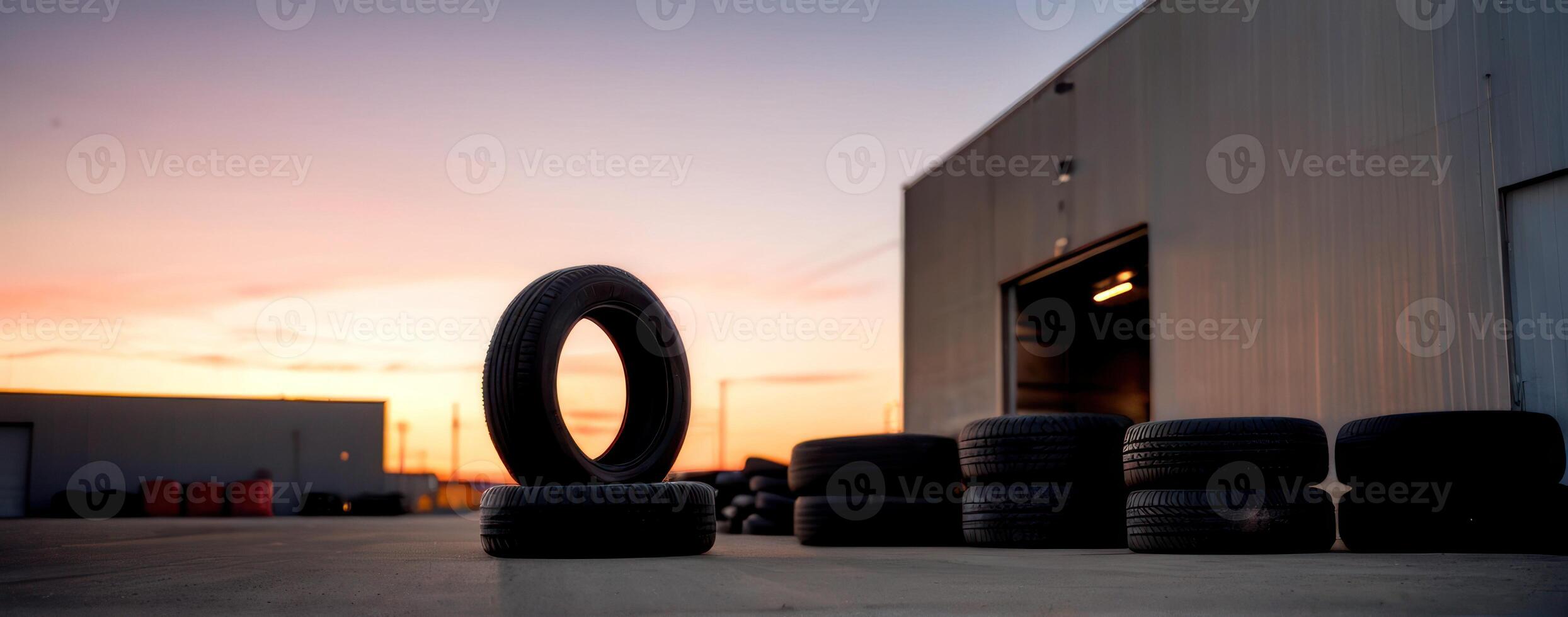 Tires in front of a building at sunset photo
