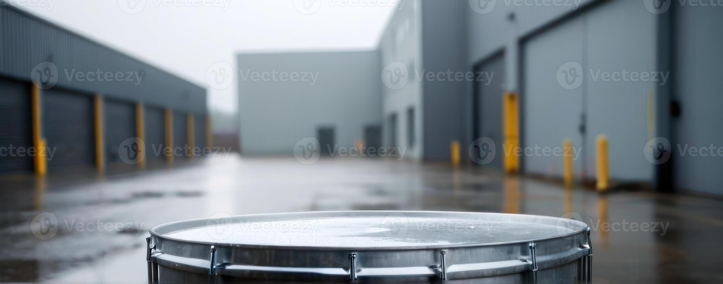 A metal drum sits on the floor of an industrial warehouse photo