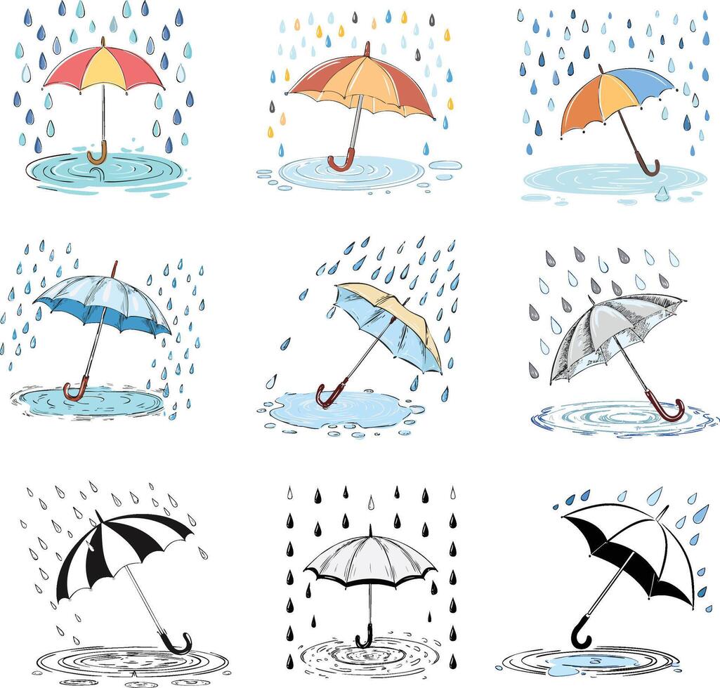 umbrella, raindrops and puddle hand drawn illustration vector