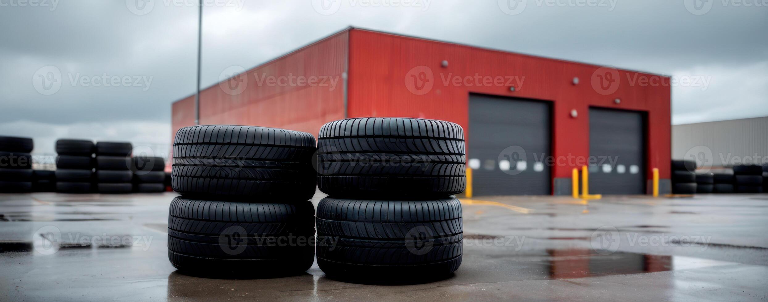 A stack of tires in front of an industrial building photo