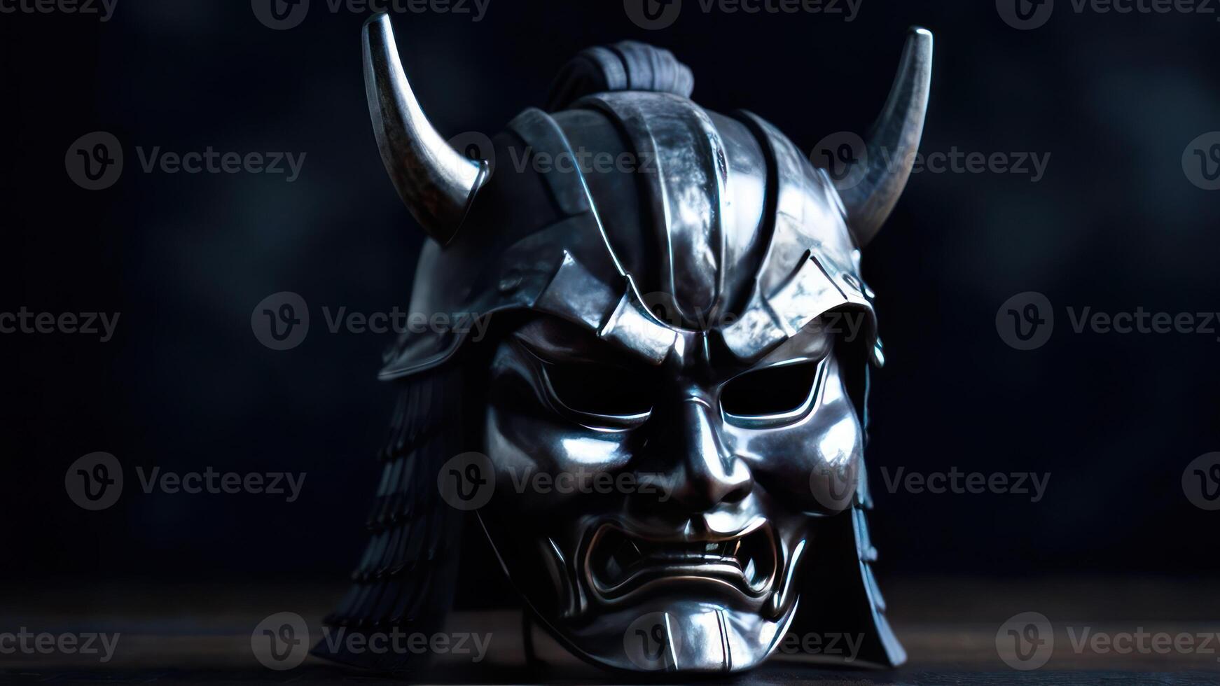 A silver samurai mask with horns on it photo