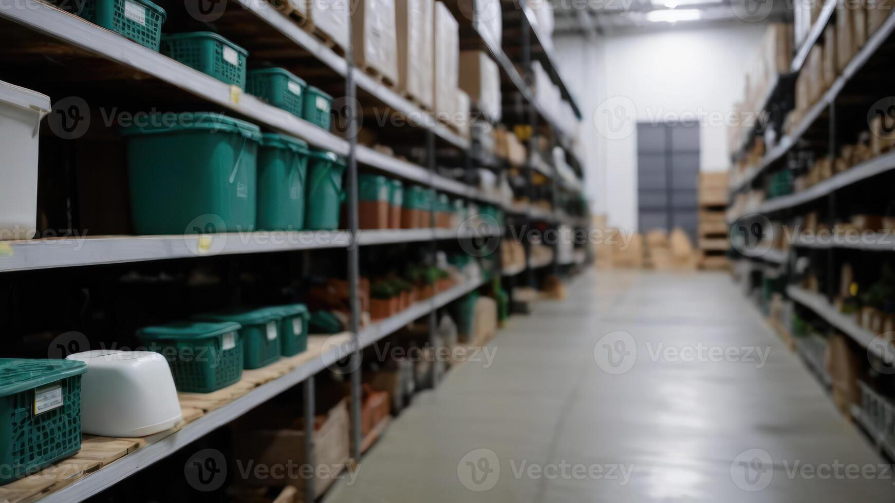 A warehouse with green containers on shelves photo