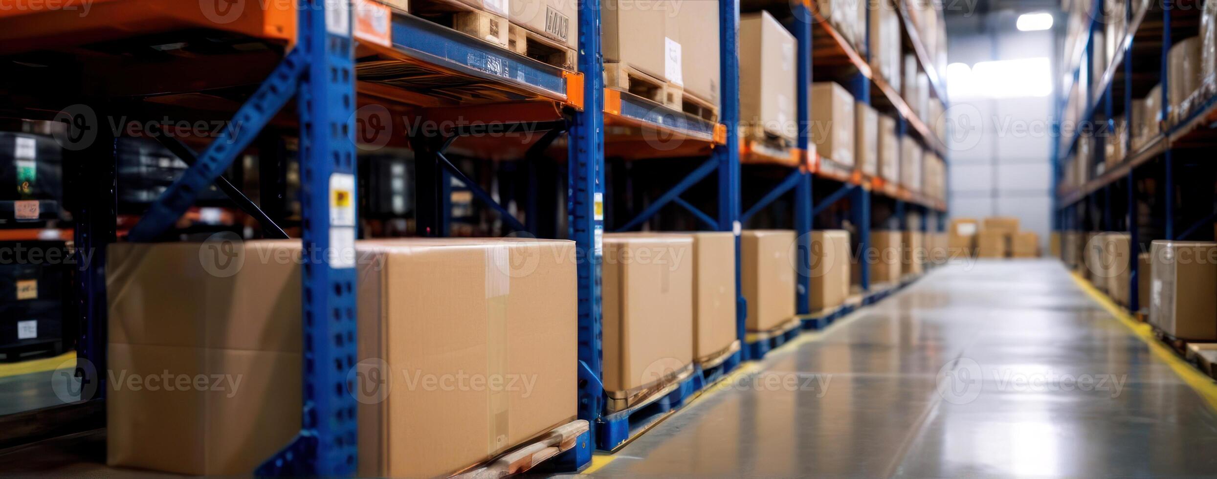 A warehouse filled with boxes and pallets photo