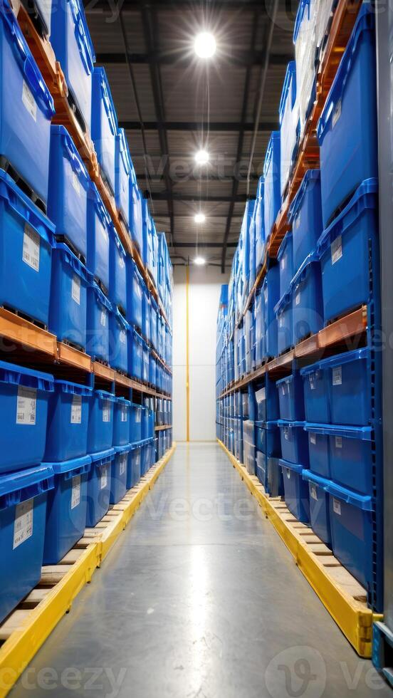 A warehouse with blue bins on the shelves photo