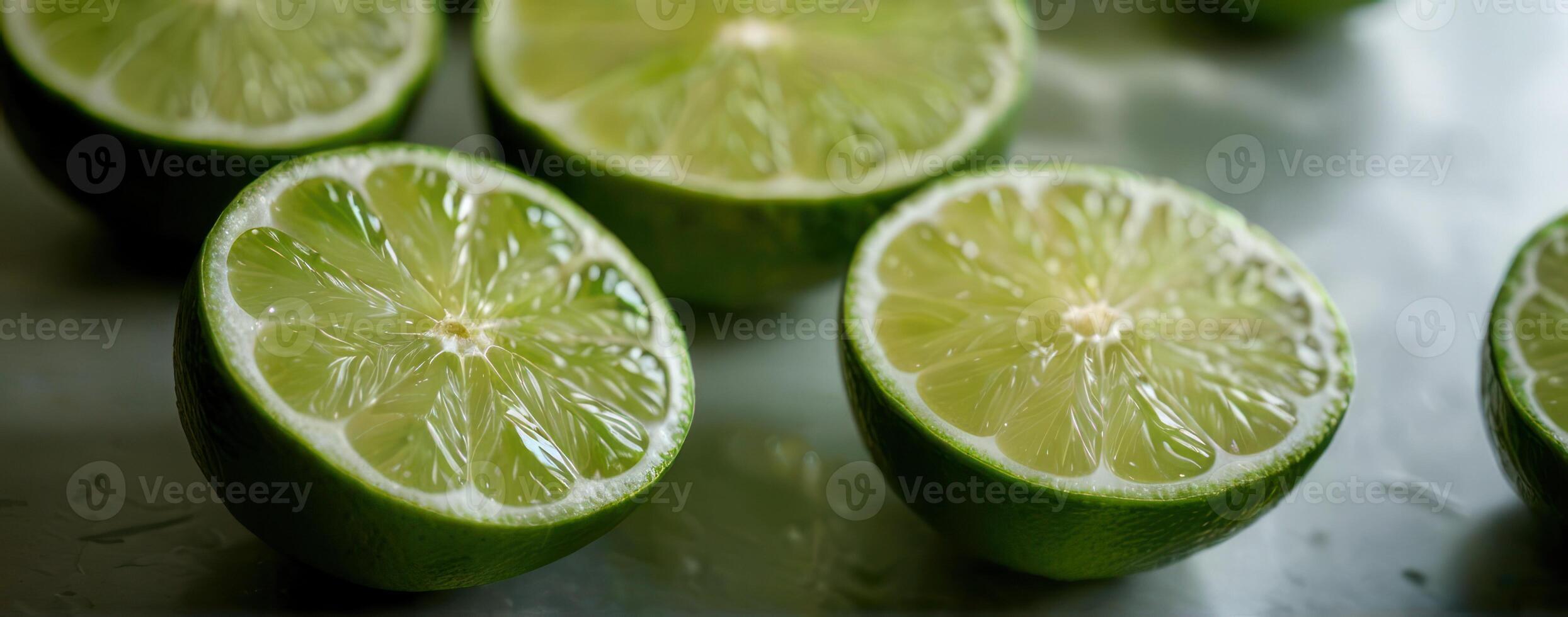 Sliced limes on a table with water splashed on them photo