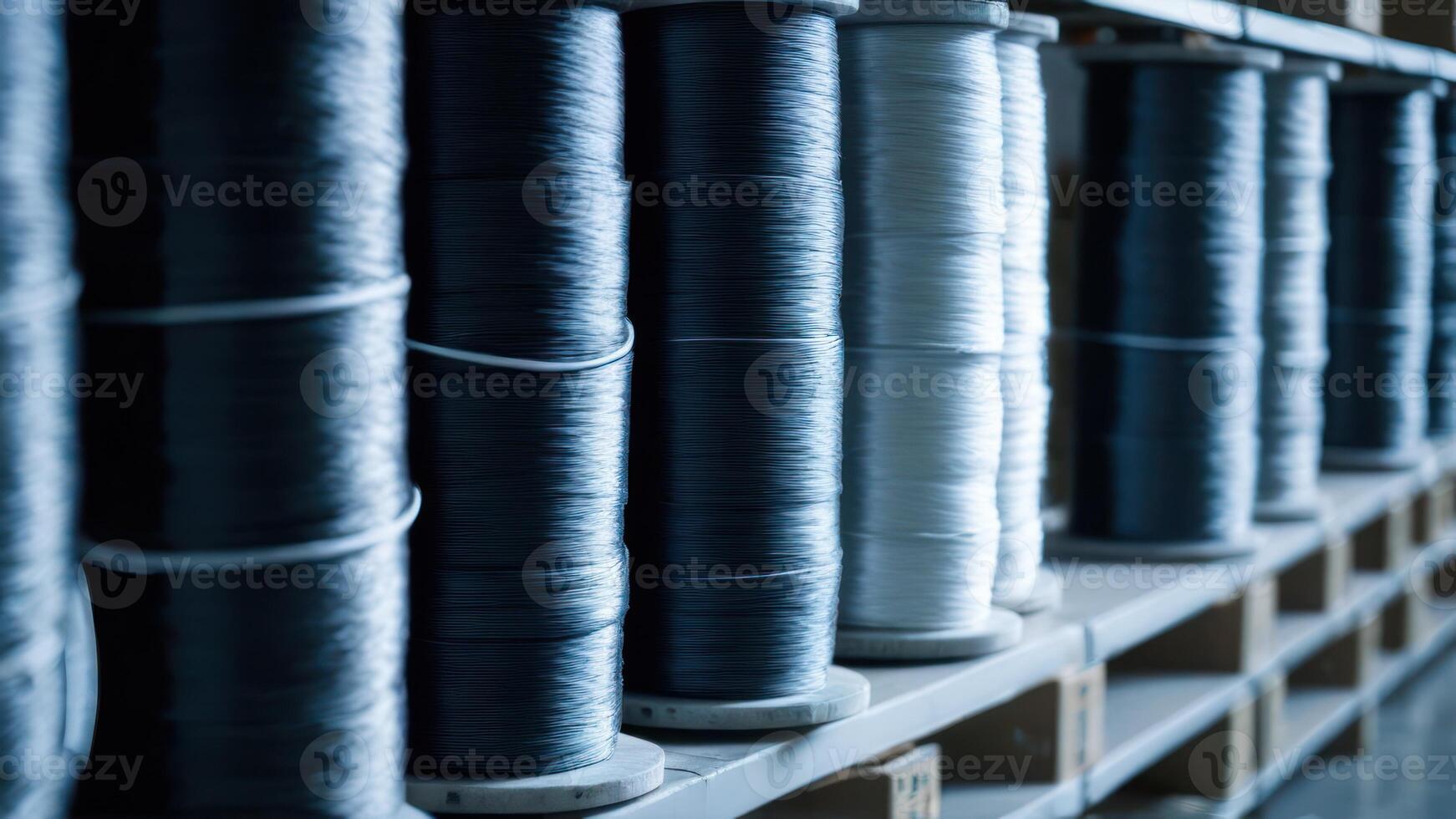 Spools of black and white thread in a warehouse photo