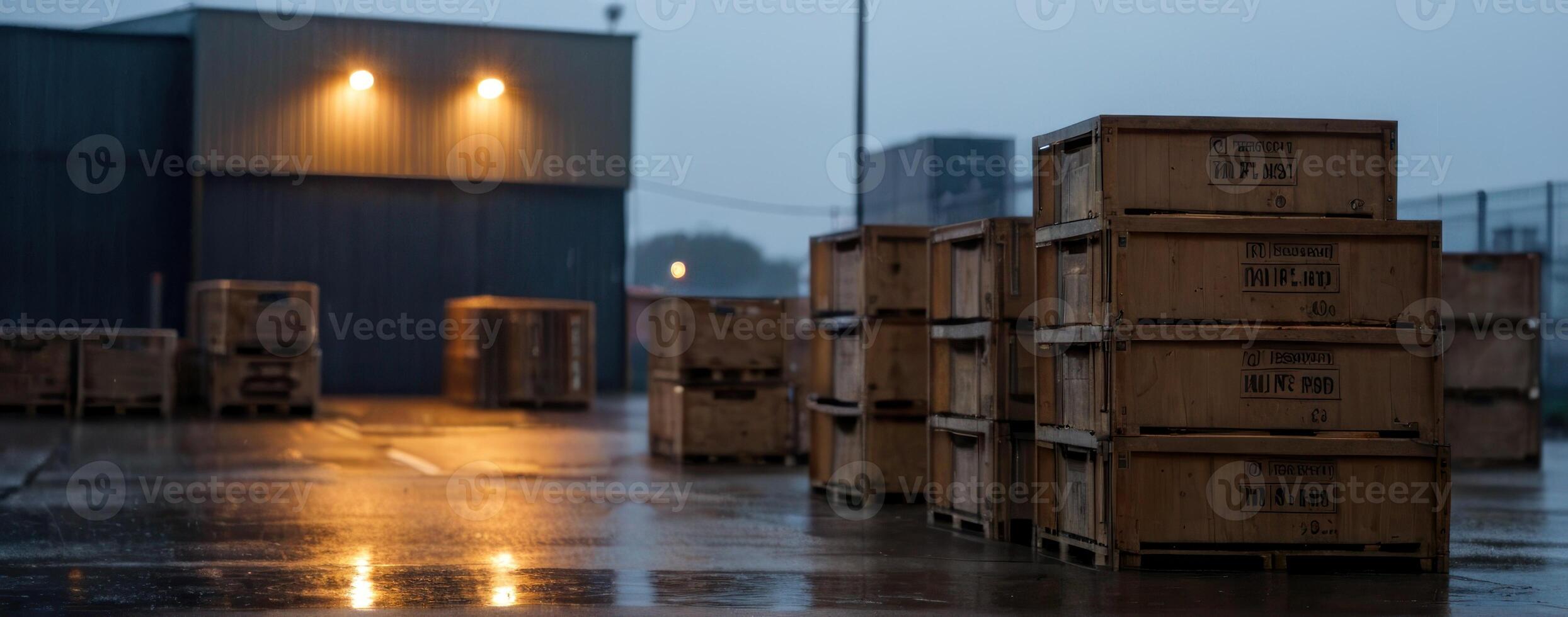 A warehouse full of wooden crates in the rain photo