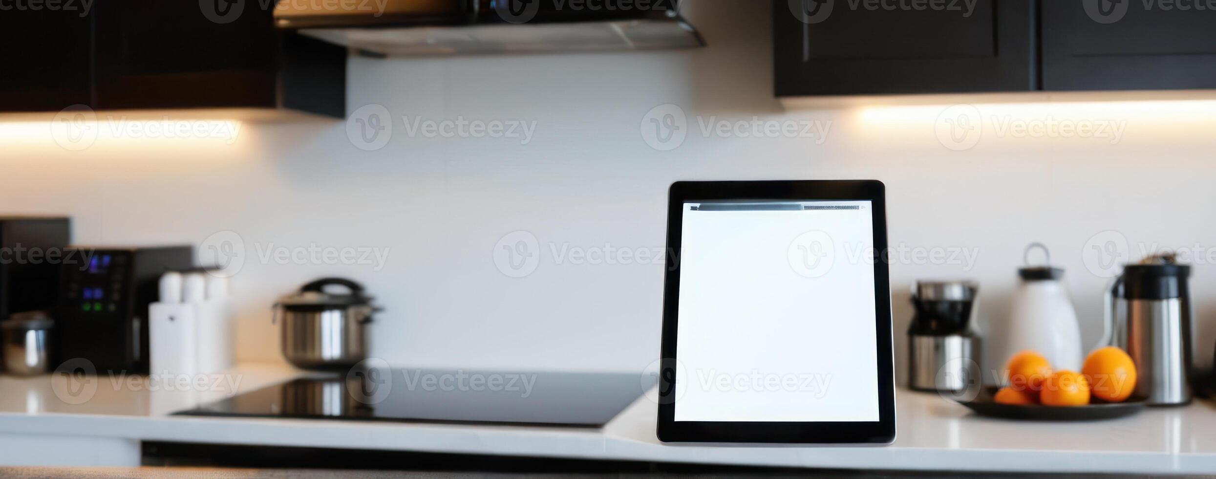 A tablet computer sits on the counter in the kitchen photo