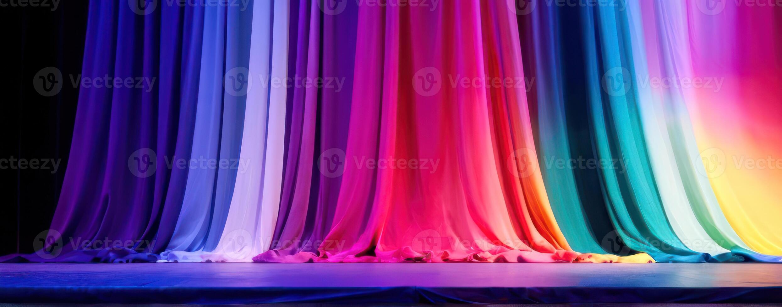 A stage with colorful curtains in front of it photo