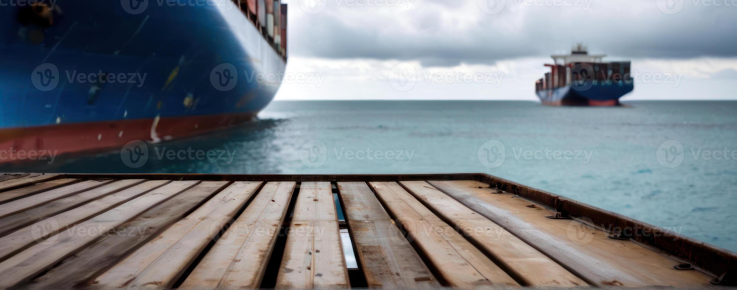 A container ship is docked in the ocean photo