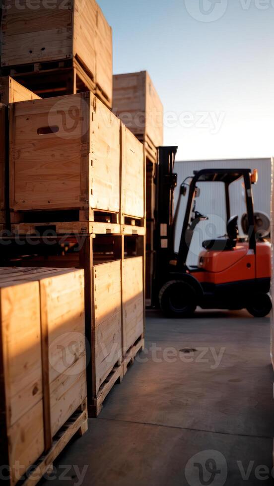 A forklift is driving through the warehouse photo
