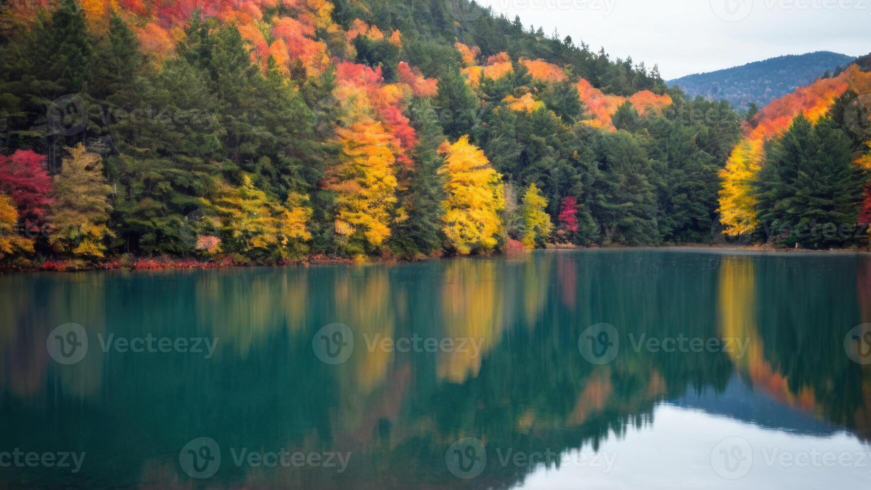 A lake with colorful trees reflected in it photo