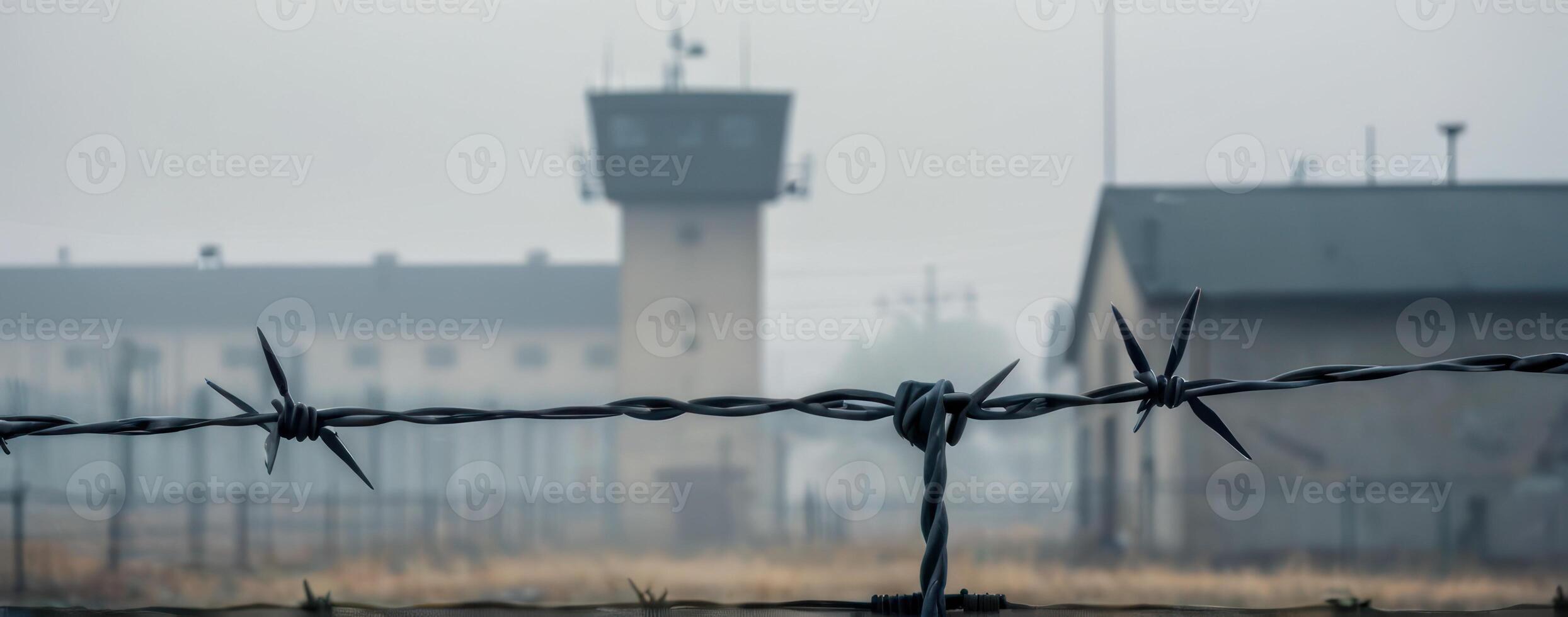 A barbed wire fence in front of an old prison photo