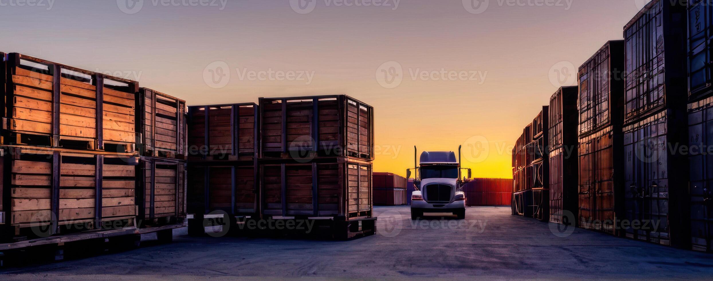 A truck is parked in front of wooden crates at sunset photo