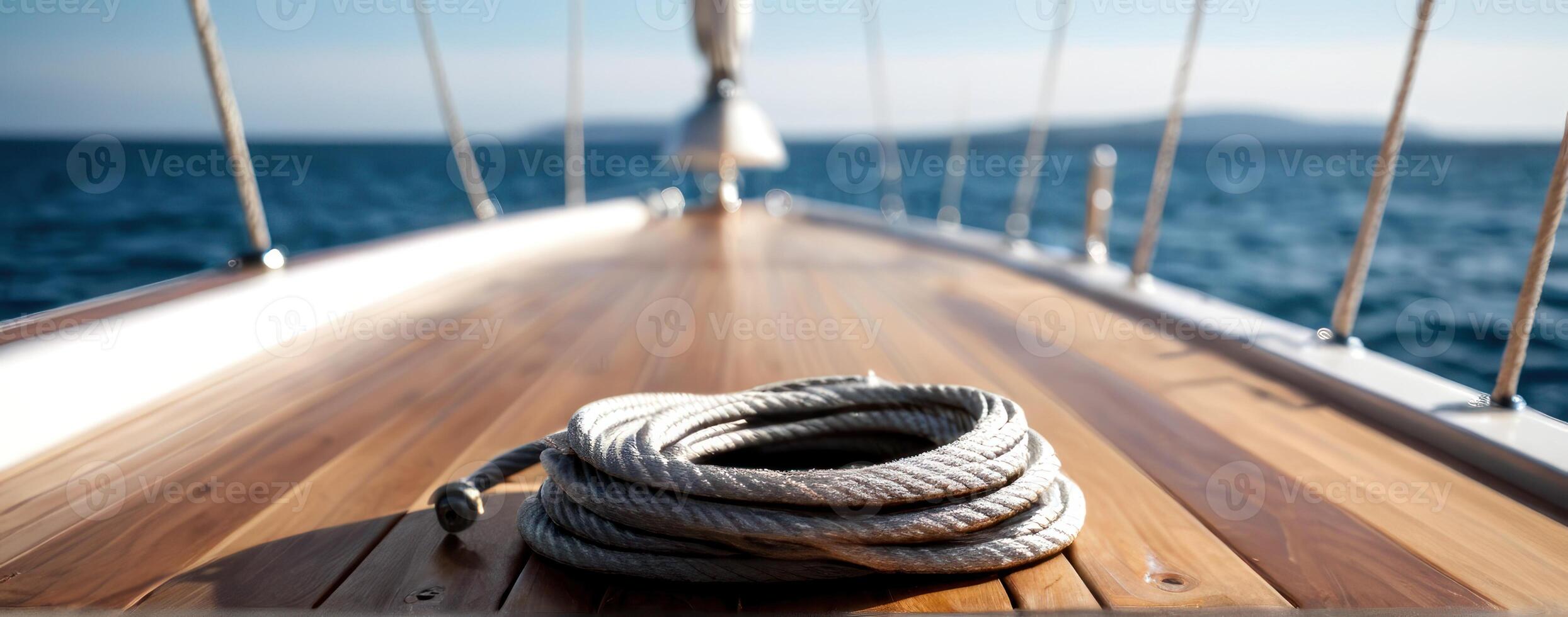 A rope is tied to the bow of the sailboat photo