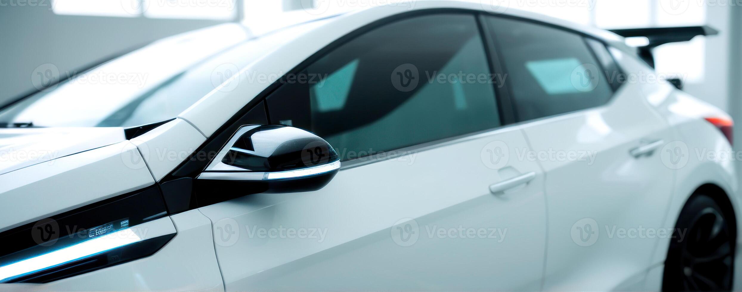 A white car is parked in an empty room photo