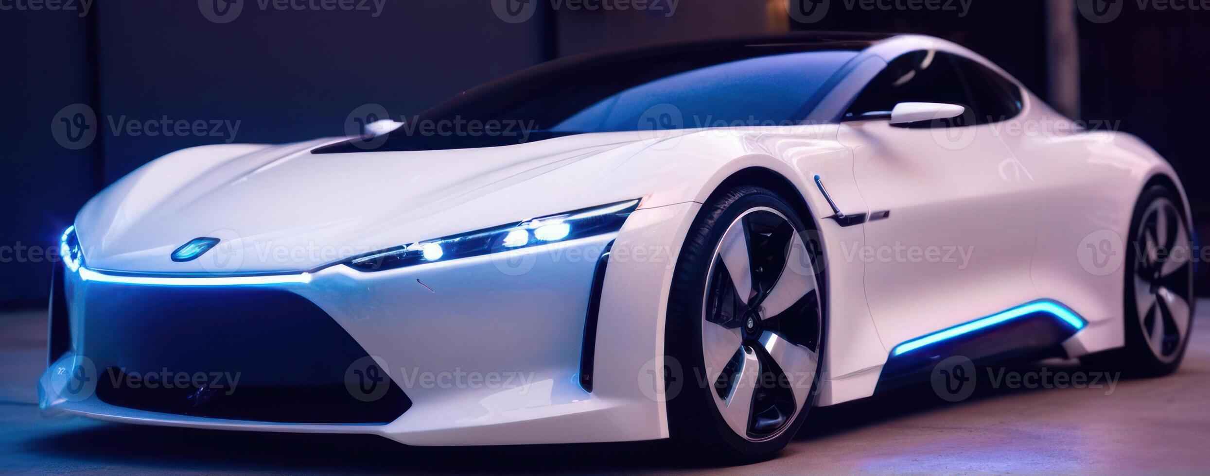 A white futuristic car with blue lights on it photo