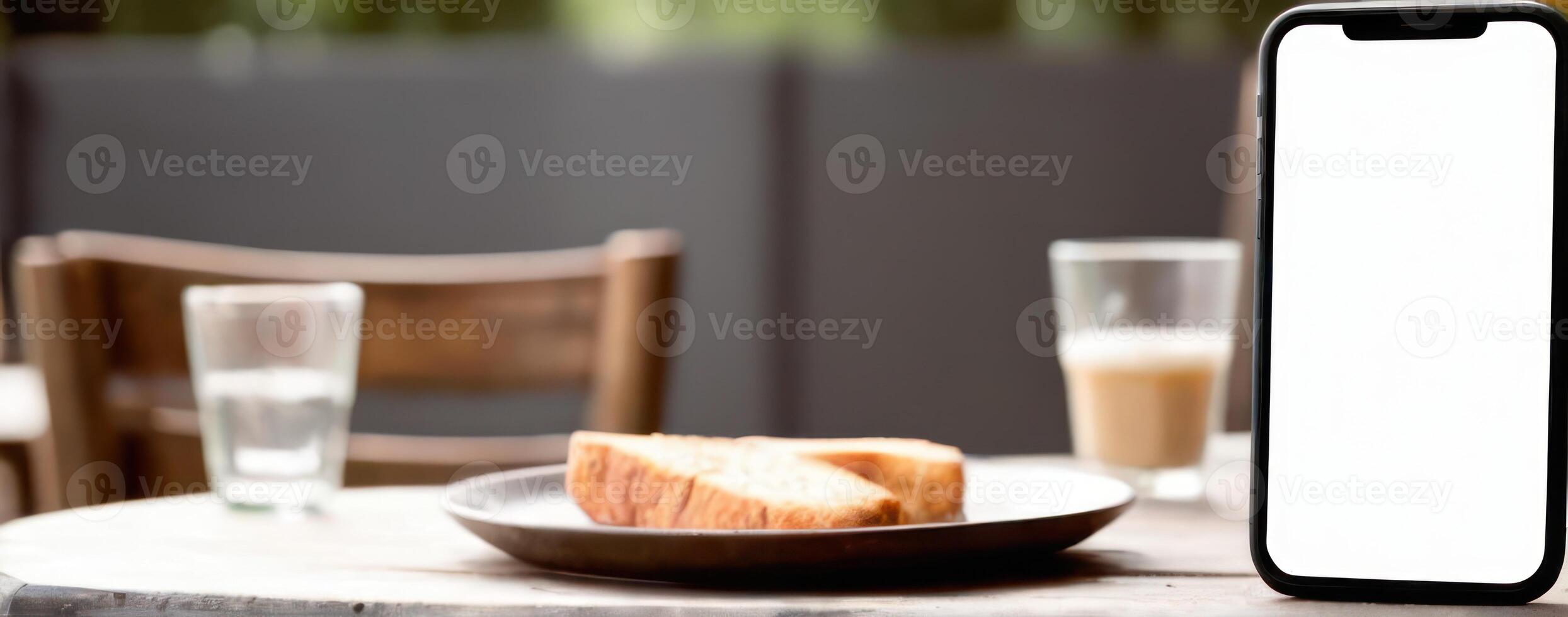 An iphone xr on a wooden table with bread on it photo