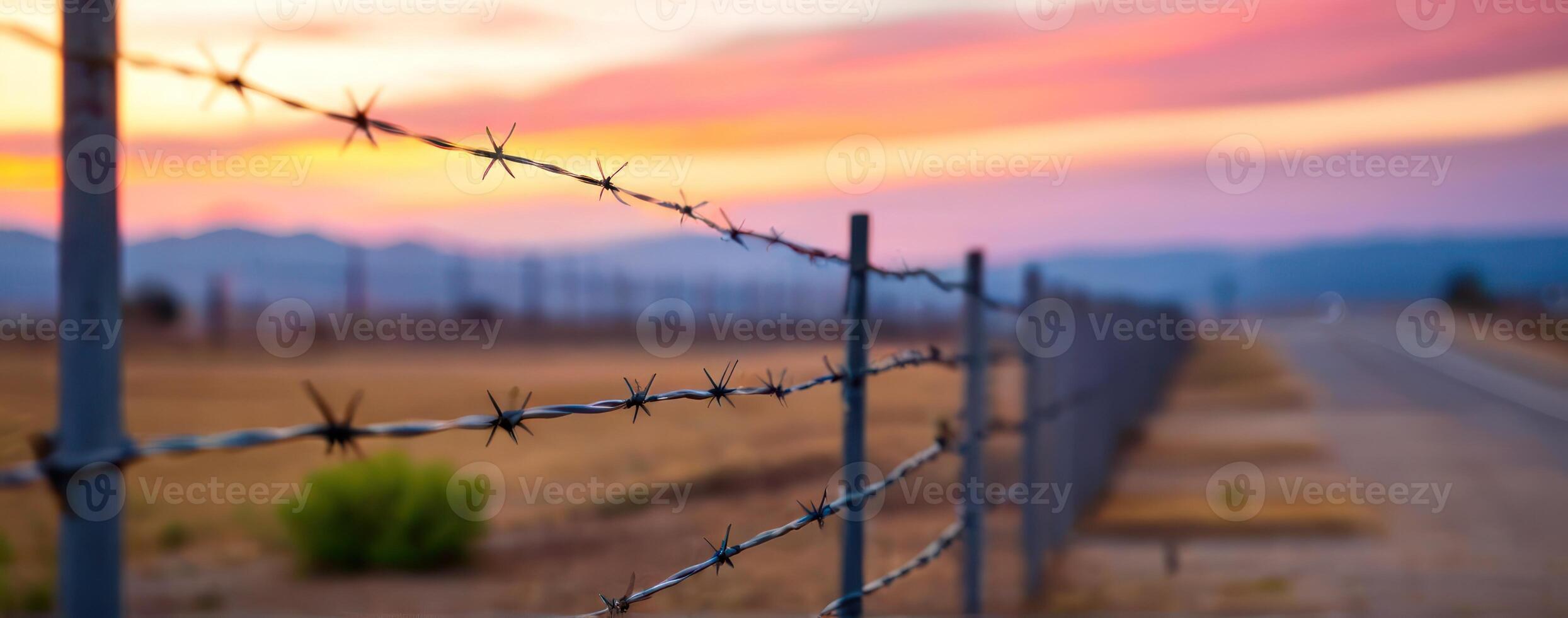 Barbed wire fence at sunset photo