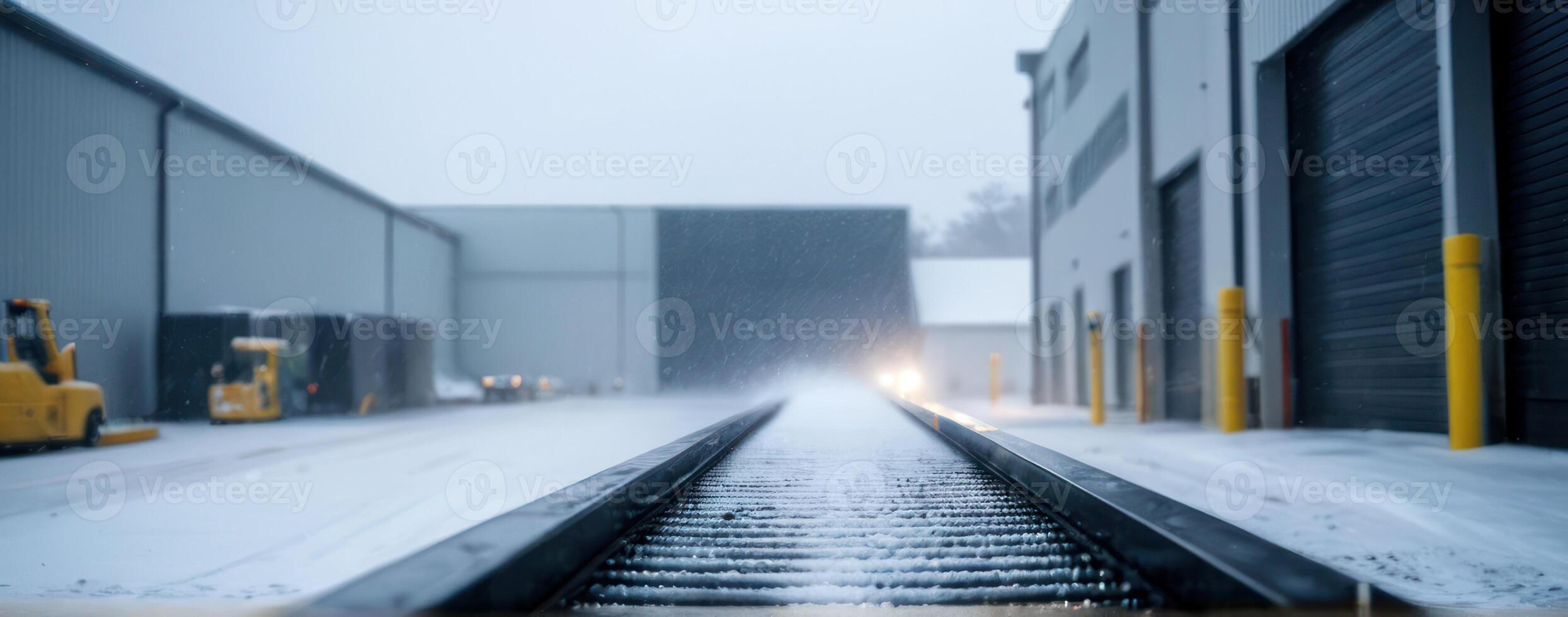 A train tracks in the snow near an industrial building photo