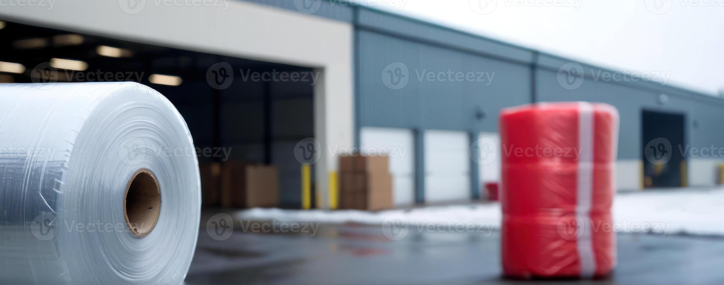A roll of plastic wrap in front of an industrial building photo