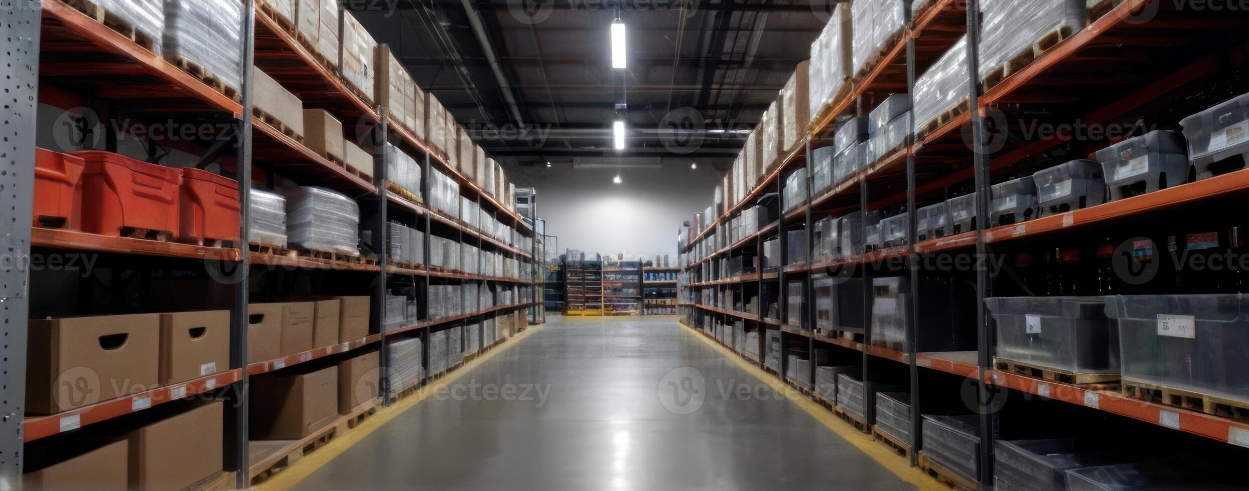 A warehouse with many boxes and boxes on the shelves photo