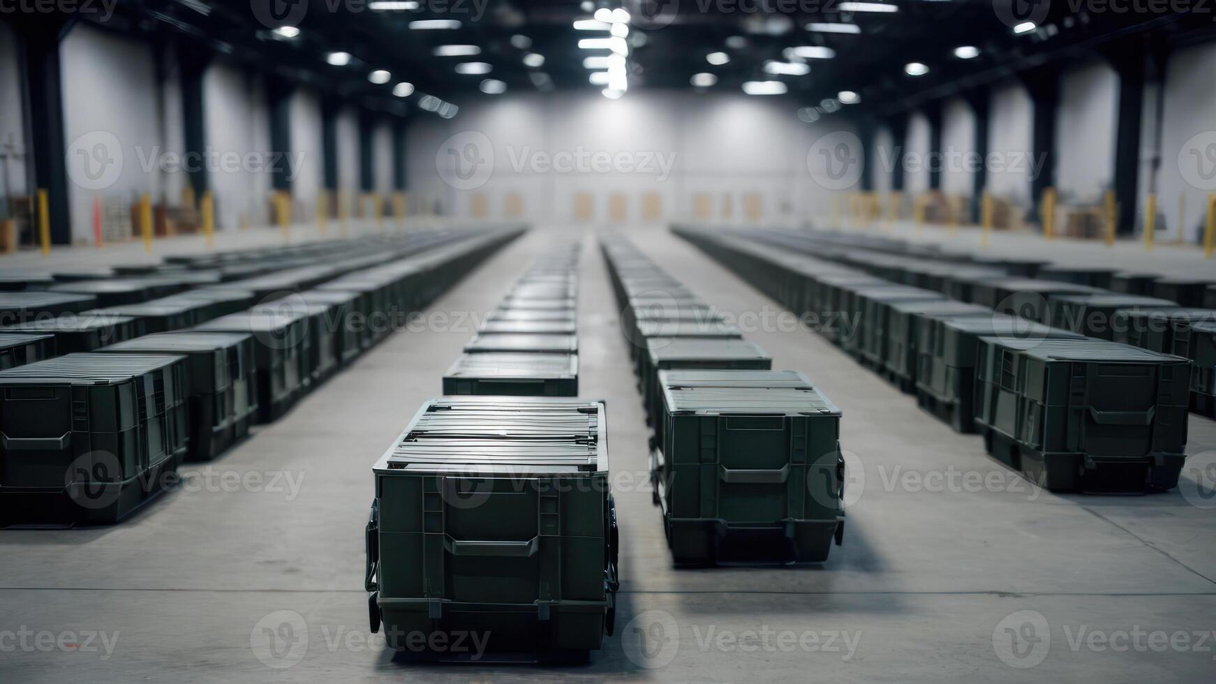A large warehouse with rows of green crates photo
