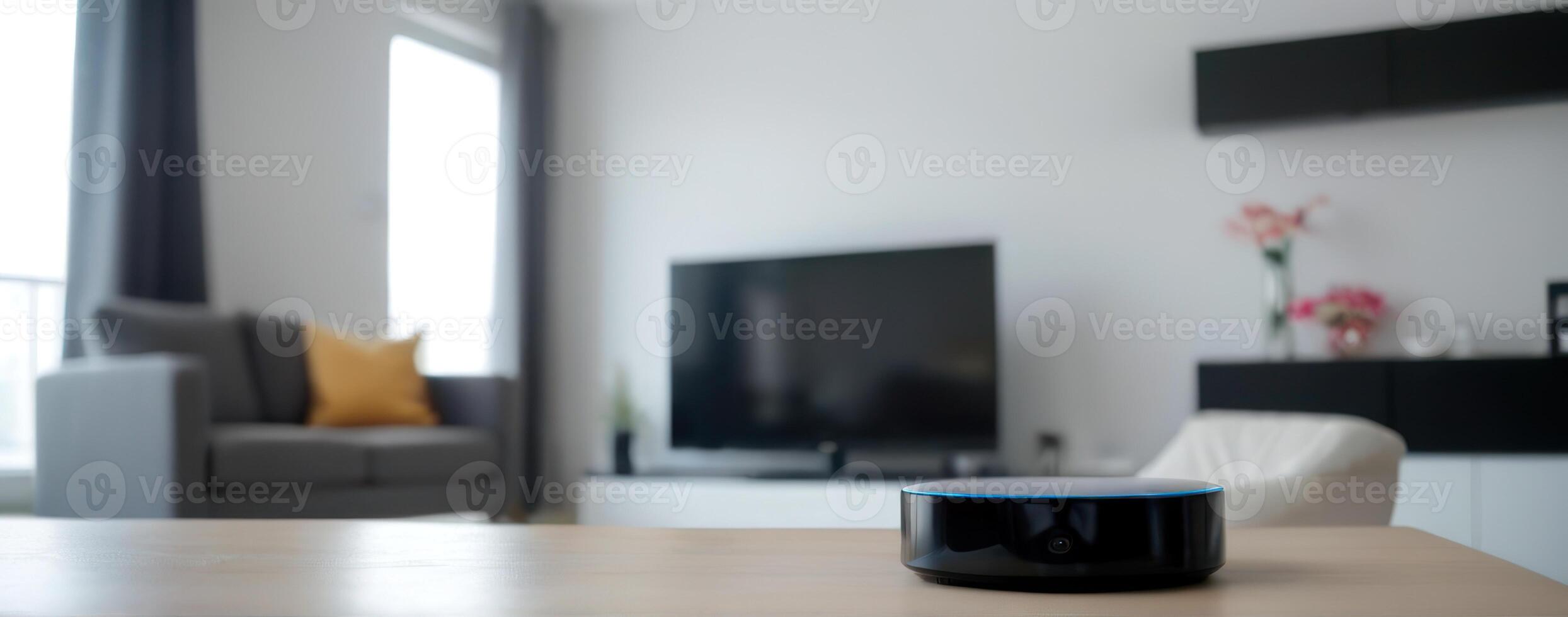 An amazon echo dot sits on a table in the living room photo