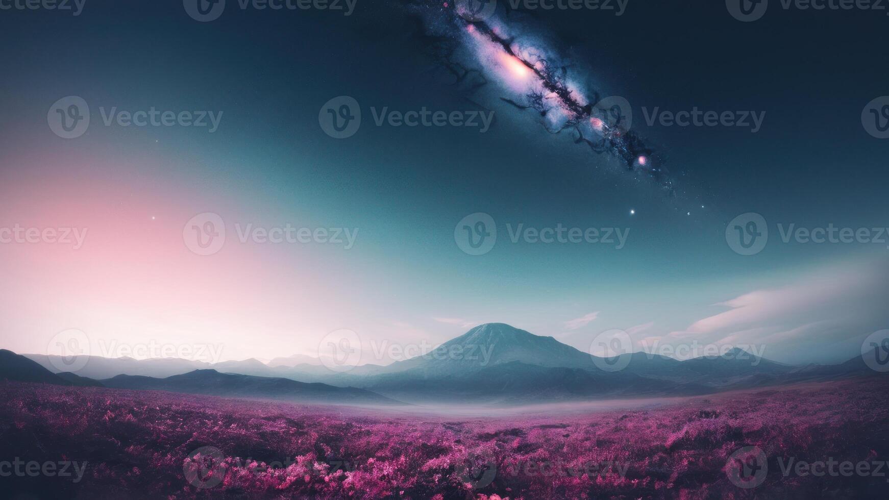 An image of a purple field with mountains and the milky way in the background photo