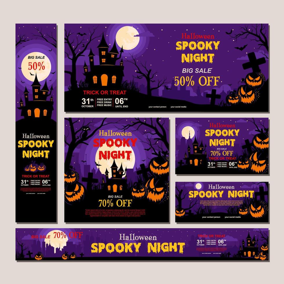 set of Halloween web banner with flat design for poster, cover, sale vector