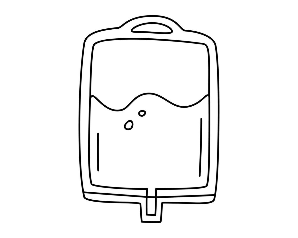 Hand drawn cute outline illustration of blood bag. Flat transfusion and blood donation in line art doodle style. Charity, donor, medicine sticker, icon or print. Isolated on white background. vector