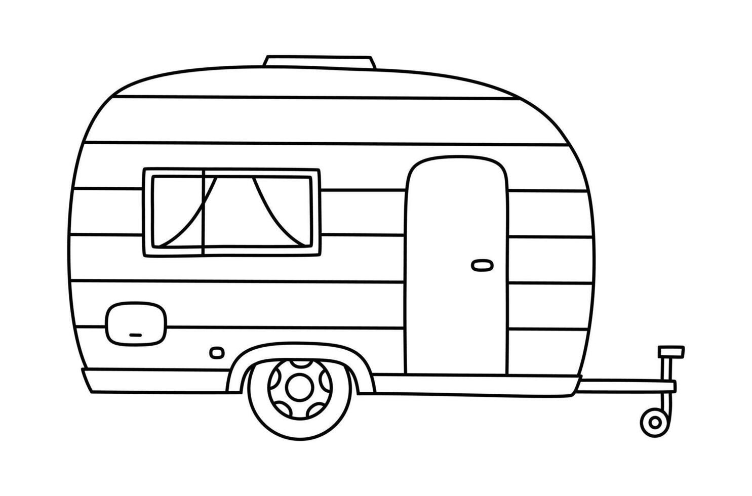 Hand drawn cute outline illustration camping trailer. Flat outdoor tourism car sticker in line art doodle style. Motor vehicle for campsite icon. Adventure, vacation. House on wheels. Isolated. vector