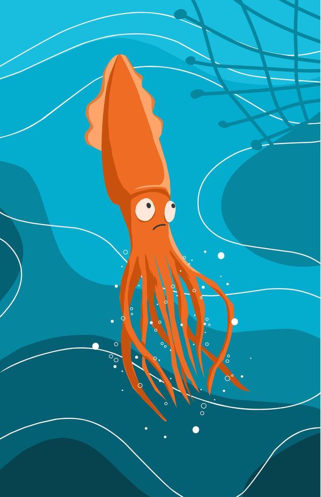 illustration of a squid swimming under the blue sea and a net above it vector