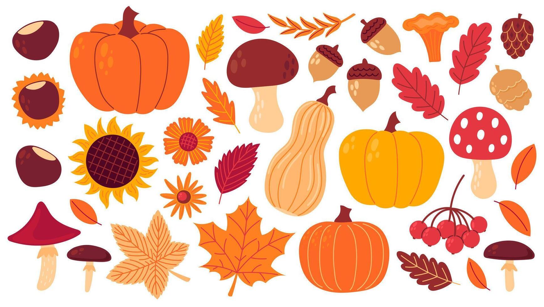 Autumn cozy design elements. Set of fall leaves, foliage, flowers, chestnut, acorn, berries, apples, pumpkins, mushrooms. Flat illustration isolated on white background vector