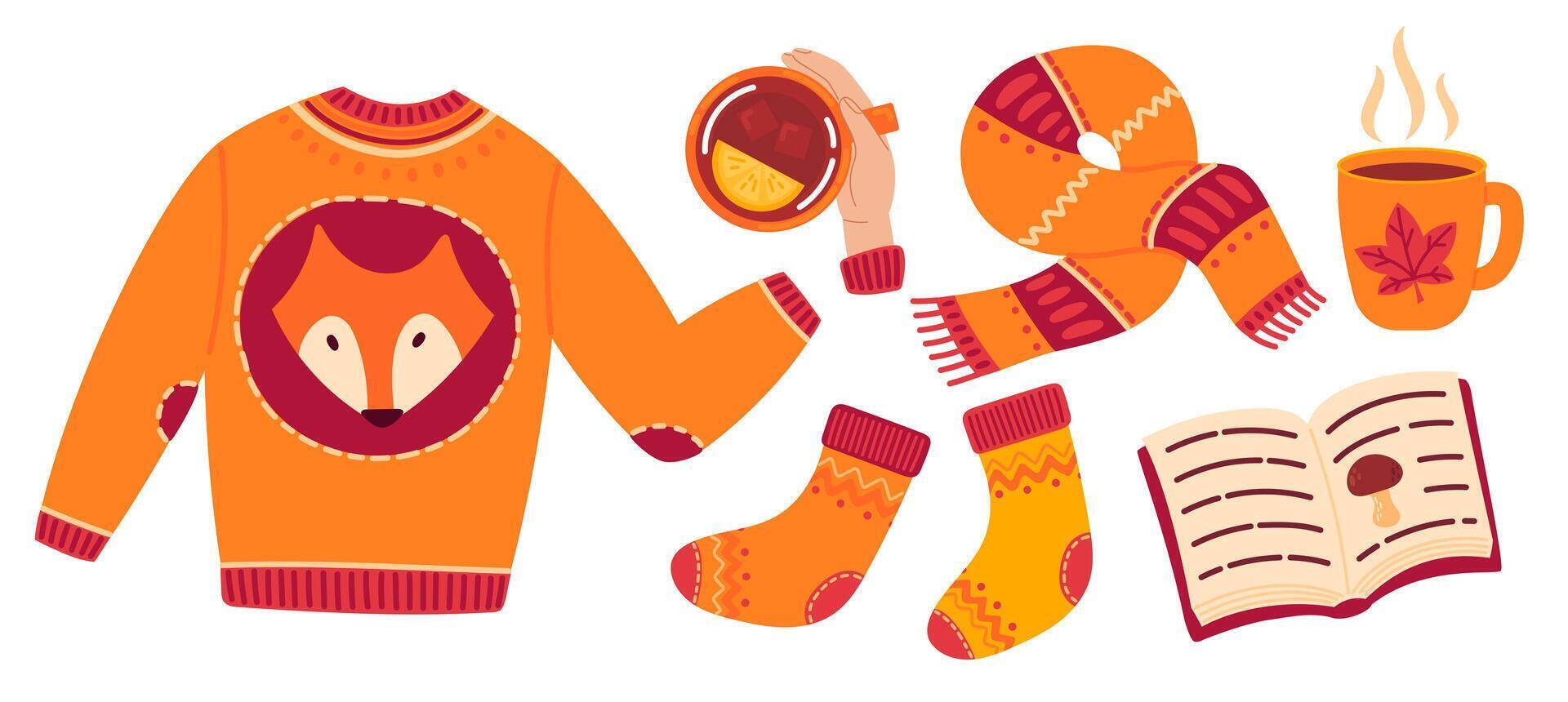 Autumn cozy design elements. Set of knitted socks, sweater with fox, scarf, books, coffee and tea cup. Fall stickers collection. Flat illustration isolated on white background vector