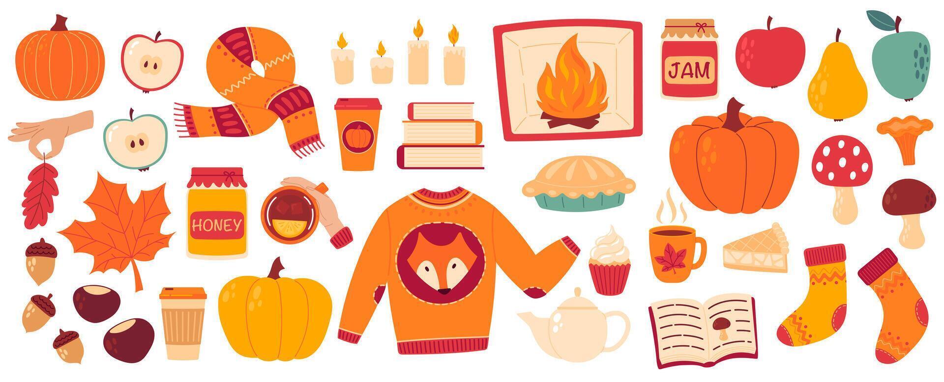 Autumn cozy design elements. Set of fall leaves, apples, pumpkins, knitted socks, sweater, scarf, books, home bakery, coffee and tea cup. Flat illustration isolated on white background vector