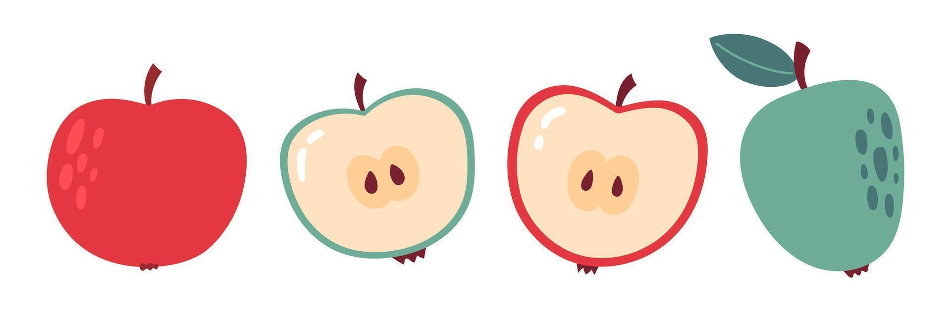 Apple set. Whole, half red and green juicy apples. Vegetarian organic food. Flat illustration isolated on white background vector