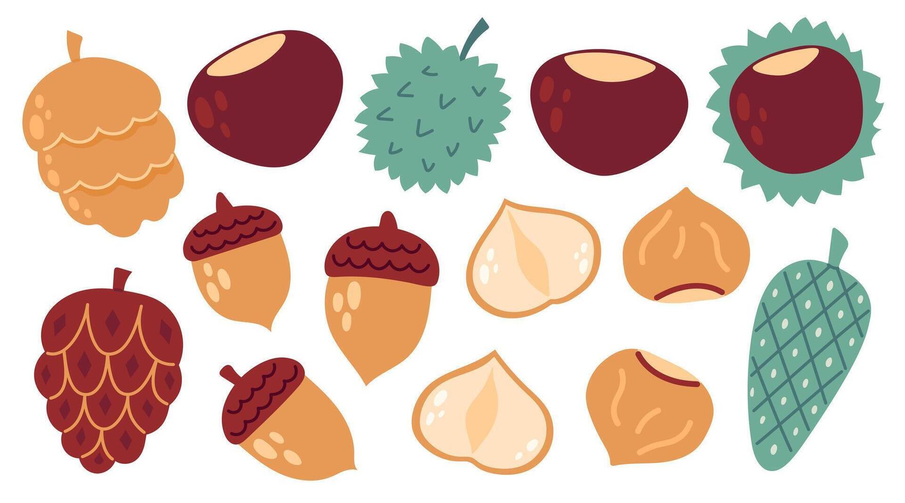 Autumn cozy design elements. Set of chestnut, acorn, nuts, cones,. Flat illustration isolated on white background vector
