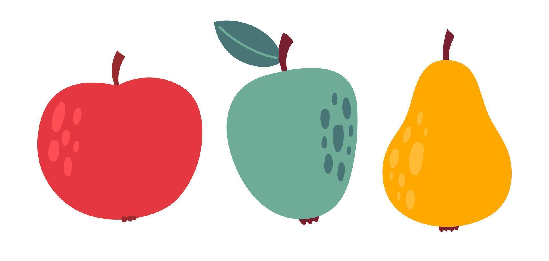 Apple and pear set. Collection stickers of whole apples and pear. Vegetarian organic food. Flat illustration isolated on white background vector