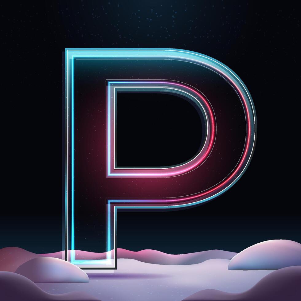 3D glass letter P with neon light insight. Big relistic letter with sparkles and winter background. Holiday decoration element for design poster, advertisign or game vector