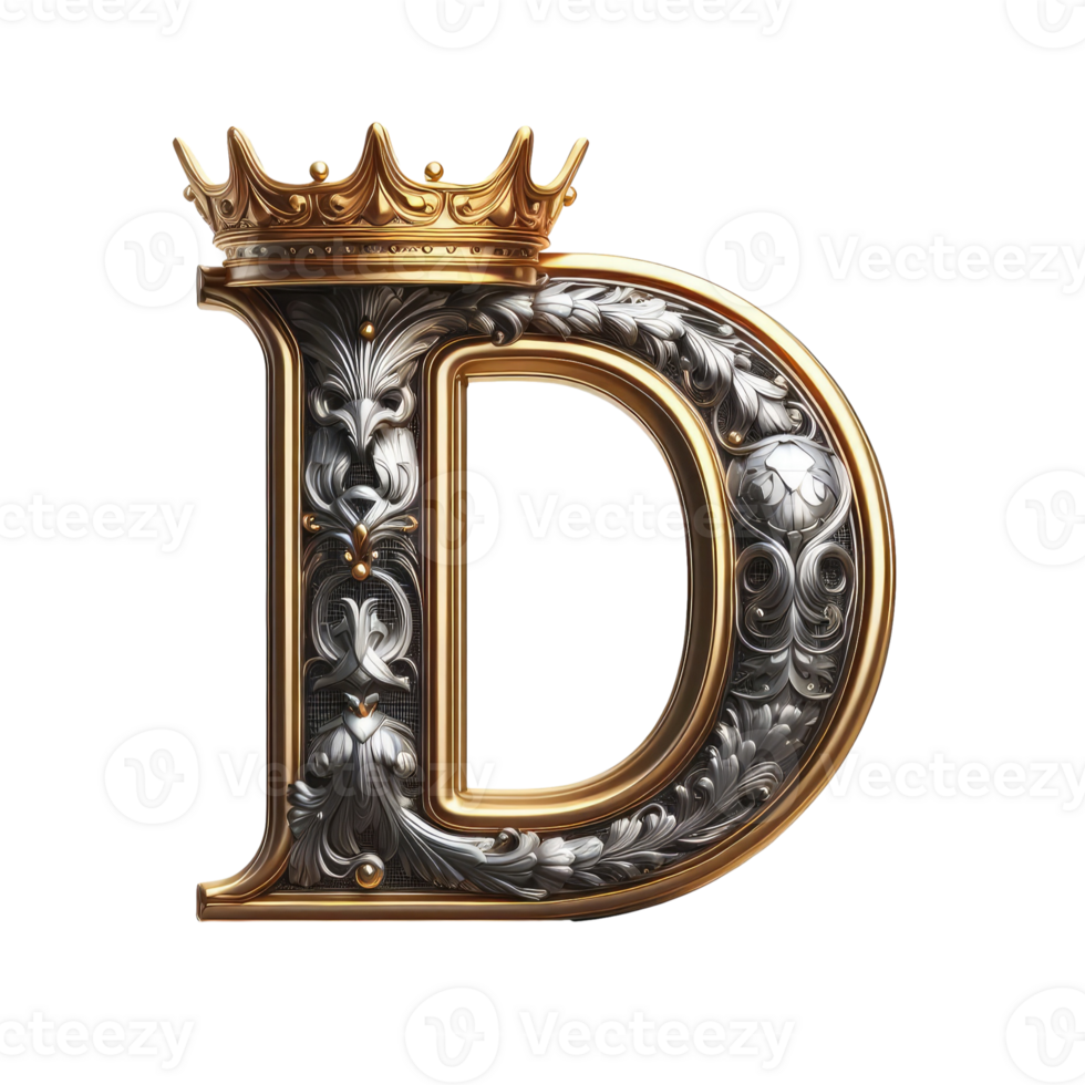 The letter d is made of gold and silver with a crown on top png