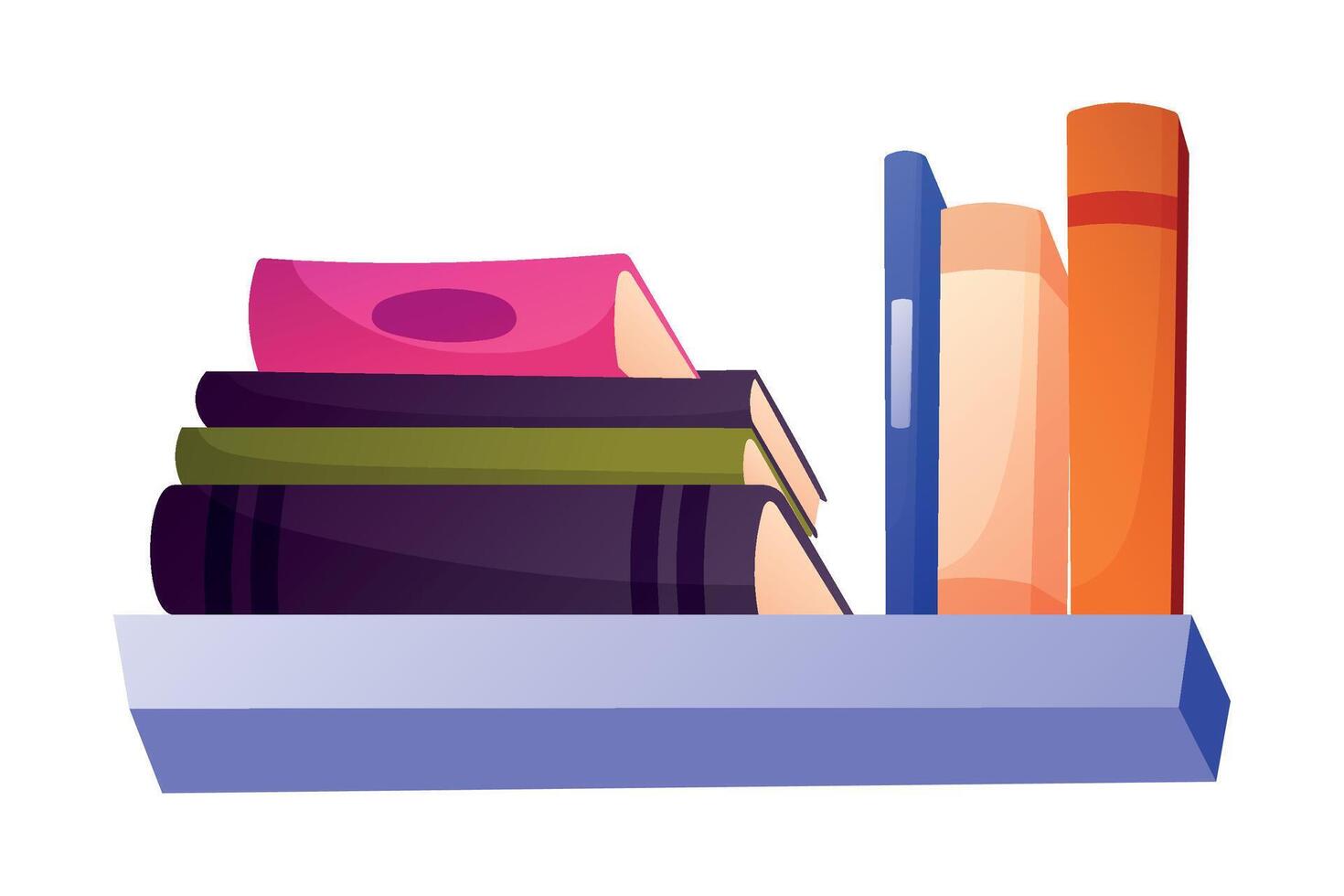 Bookcase shelf with stack of colorful books. isolated on white cartoon illustration. Home library concept. vector