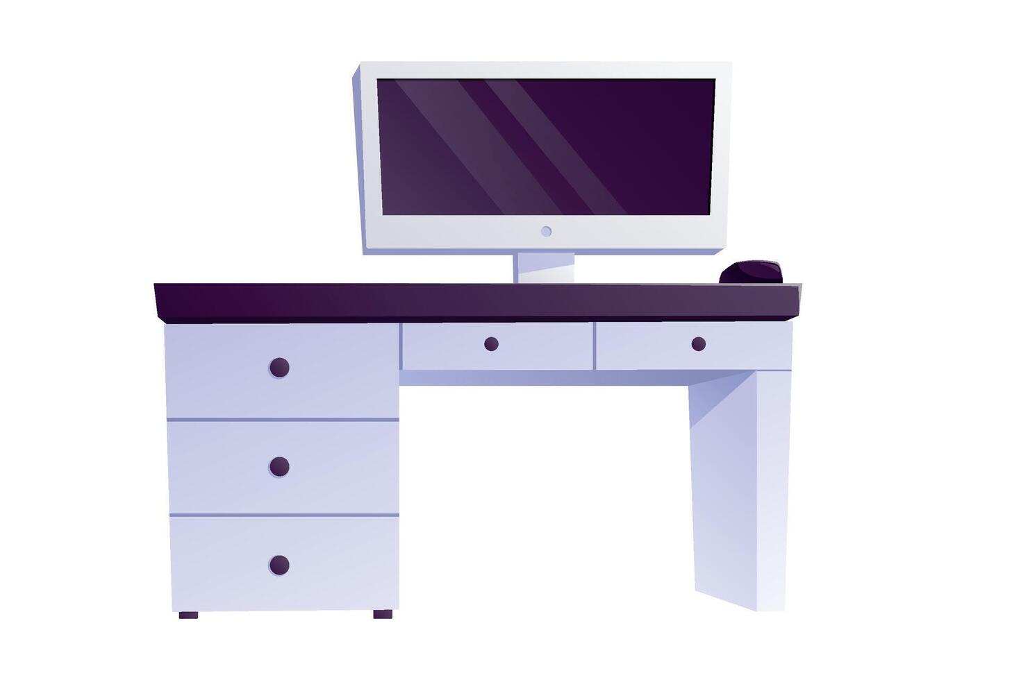 White modern office desk with drawers and computer monitor. Home workplace. isolated furniture illustration, interior design. vector